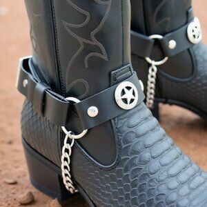 Biker Men Western Women Boots Silver Chain Black Faux Leather Straps Metal Star